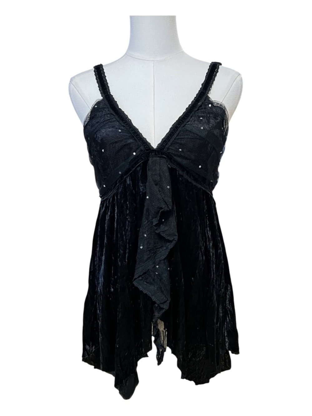 🆕 NWT Hazel Black Velvet Tulle Rhinestone Babydoll Top | Size Large